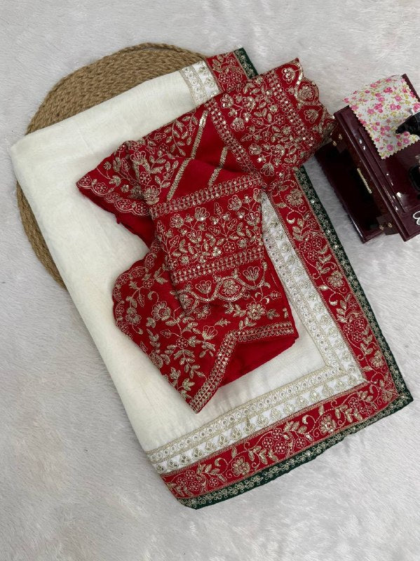 Beautifull Whte Color Tibby Silk With Thred Work Saree