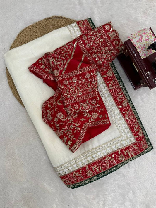 Beautifull Whte Color Tibby Silk With Thred Work Saree
