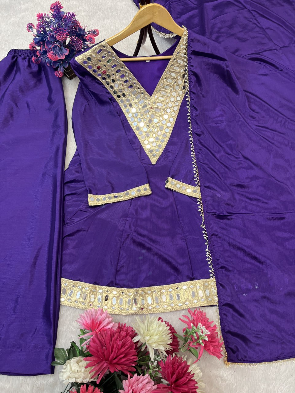 Real Mirror Work Neha Bhanderi White Color Chinon With Beautifull Coding Work Top Plazzo