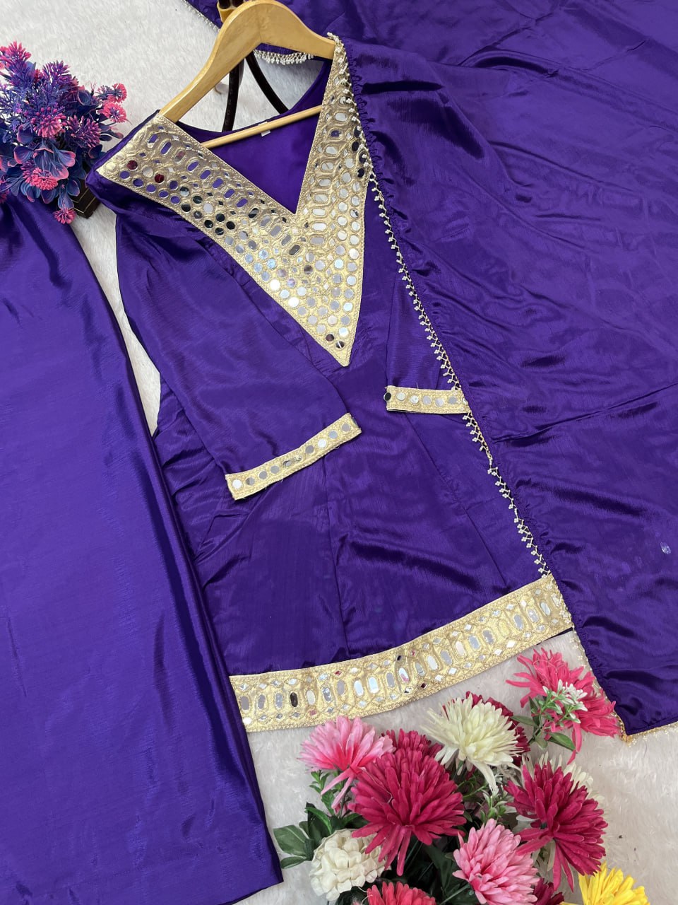 Real Mirror Work Neha Bhanderi White Color Chinon With Beautifull Coding Work Top Plazzo