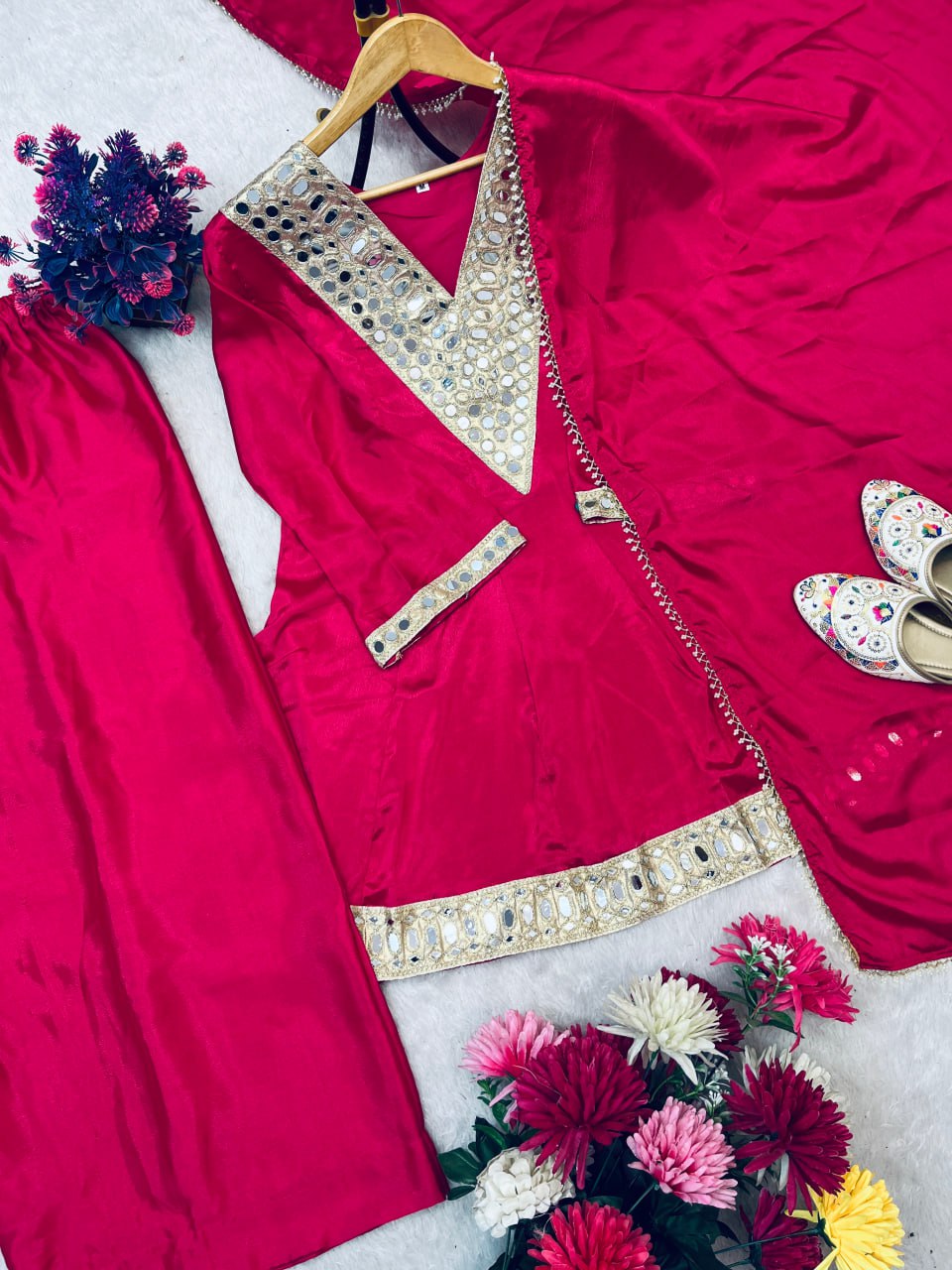 Real Mirror Work Neha Bhanderi White Color Chinon With Beautifull Coding Work Top Plazzo
