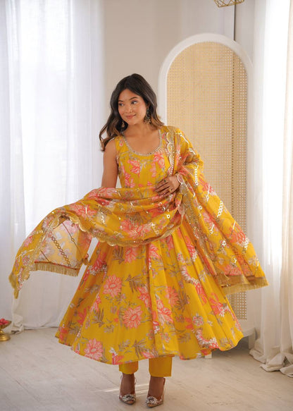Sky Blue Color Muslin Print With Floral Work Anarkali