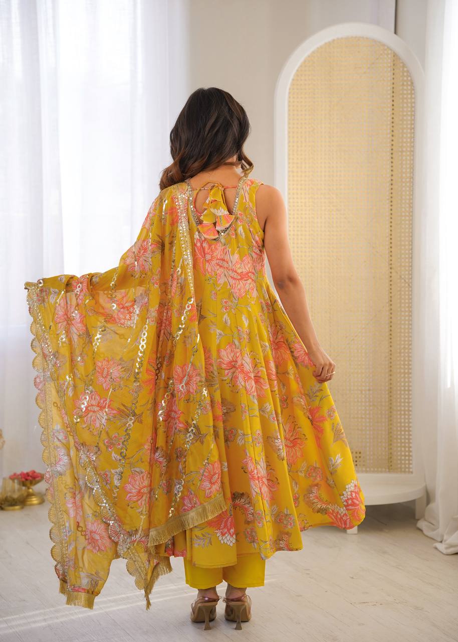 Sky Blue Color Muslin Print With Floral Work Anarkali