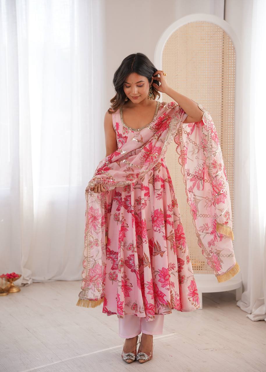 Sky Blue Color Muslin Print With Floral Work Anarkali