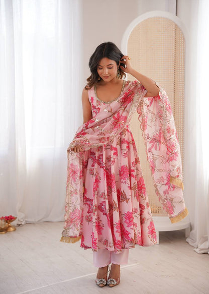 Sky Blue Color Muslin Print With Floral Work Anarkali
