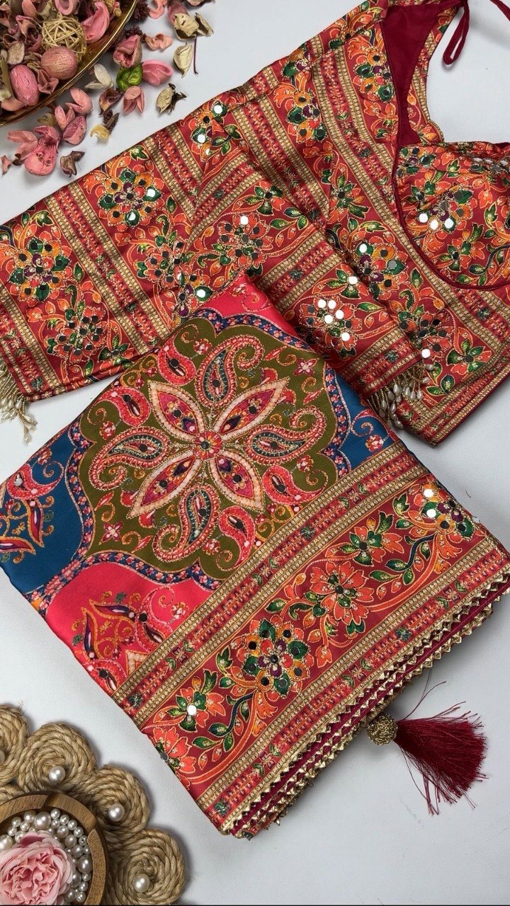 Beautiful Japan Satin Saree With Digital Print Aari & Mirror Work