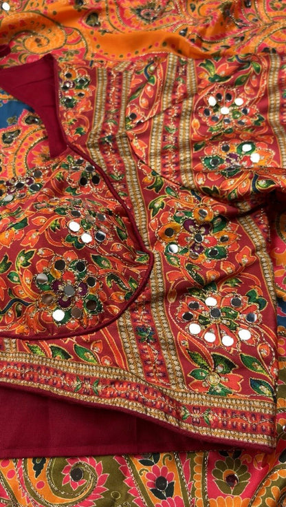 Beautiful Japan Satin Saree With Digital Print Aari & Mirror Work