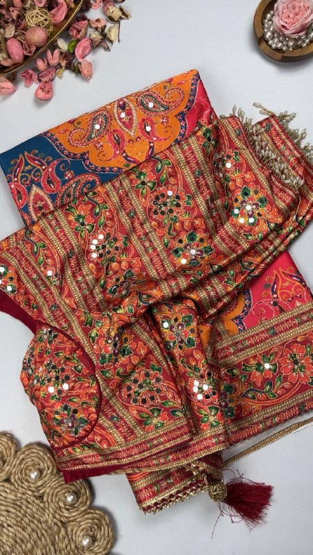 Beautiful Japan Satin Saree With Digital Print Aari & Mirror Work