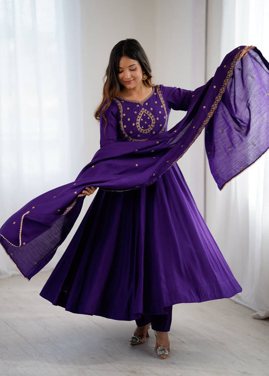 Purple Color Roman Chanderi Silk With Hand Work Anarkali
