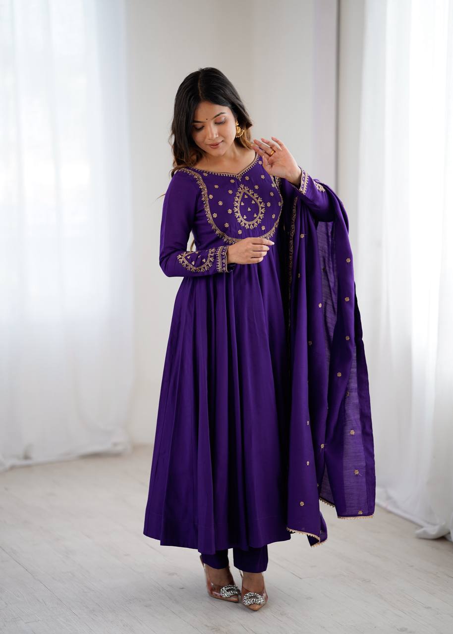 Purple Color Roman Chanderi Silk With Hand Work Anarkali