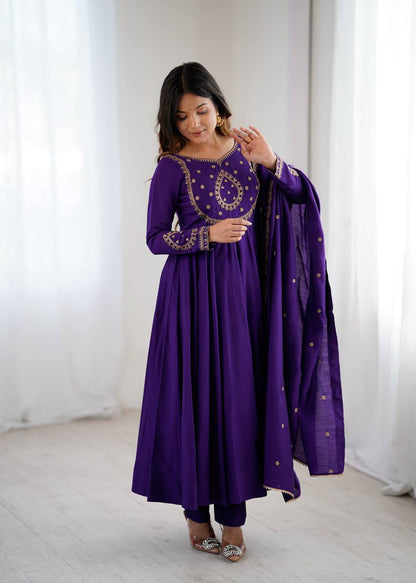 Purple Color Roman Chanderi Silk With Hand Work Anarkali