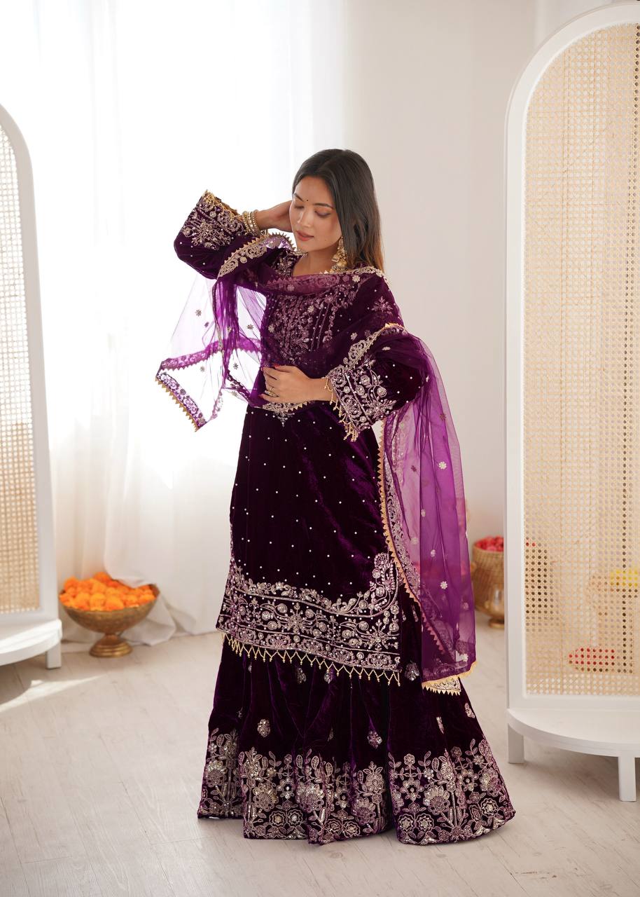 Designer Party Wear Heavy Viscose Velvet Top with Sharara