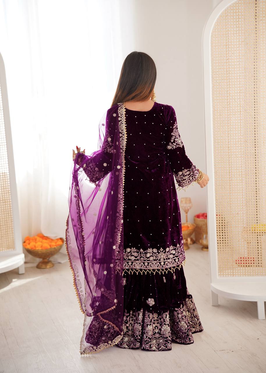 Designer Party Wear Heavy Viscose Velvet Top with Sharara