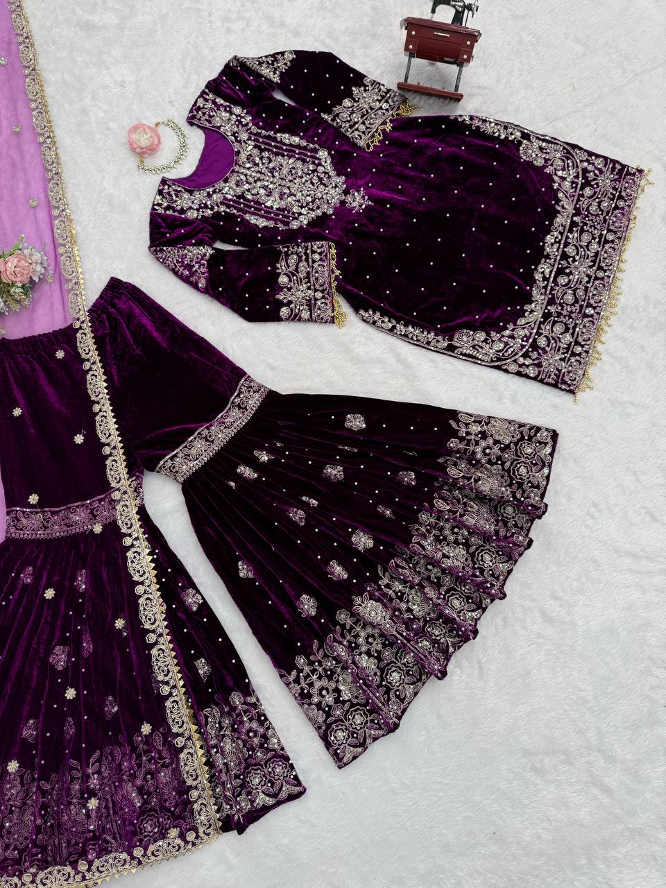 Designer Party Wear Heavy Viscose Velvet Top with Sharara