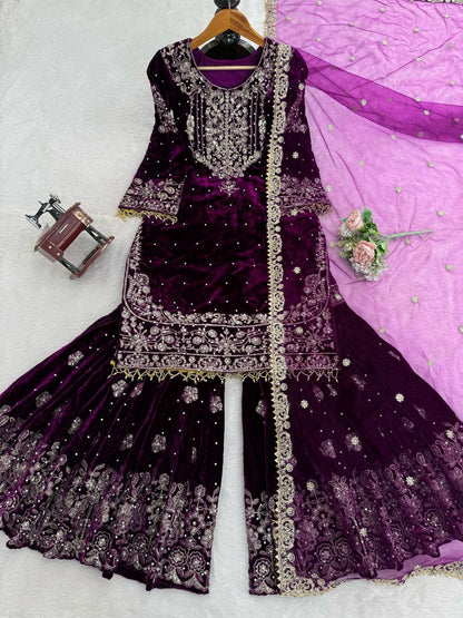 Designer Party Wear Heavy Viscose Velvet Top with Sharara