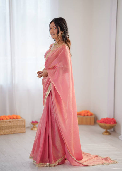 Beautiful Fendy Silk Saree With Fancy Lace And Sequin Embroidery Work