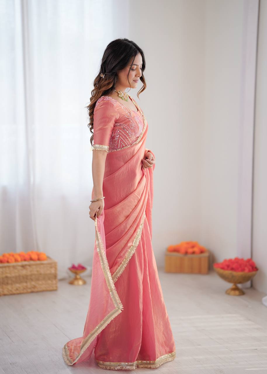Beautiful Fendy Silk Saree With Fancy Lace And Sequin Embroidery Work