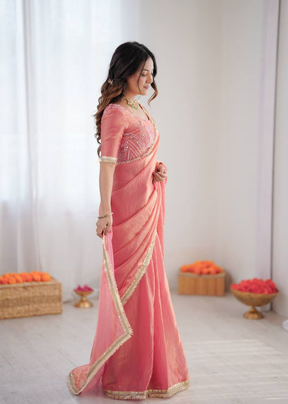 Beautiful Fendy Silk Saree With Fancy Lace And Sequin Embroidery Work