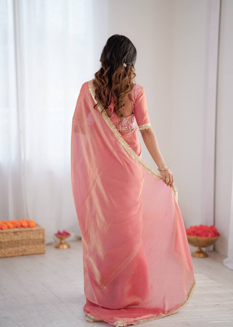 Beautiful Fendy Silk Saree With Fancy Lace And Sequin Embroidery Work