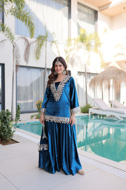 Very Soft Ice Velvet With Zari Embroidery Work Top Plazzo