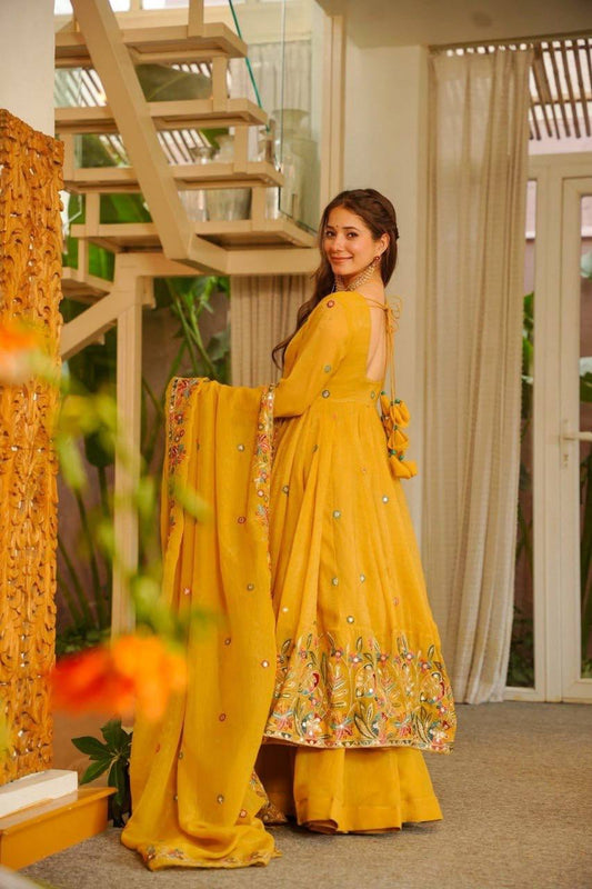 Yellow Color Crunchy Silk With Thread & Sequience Work Anarkali