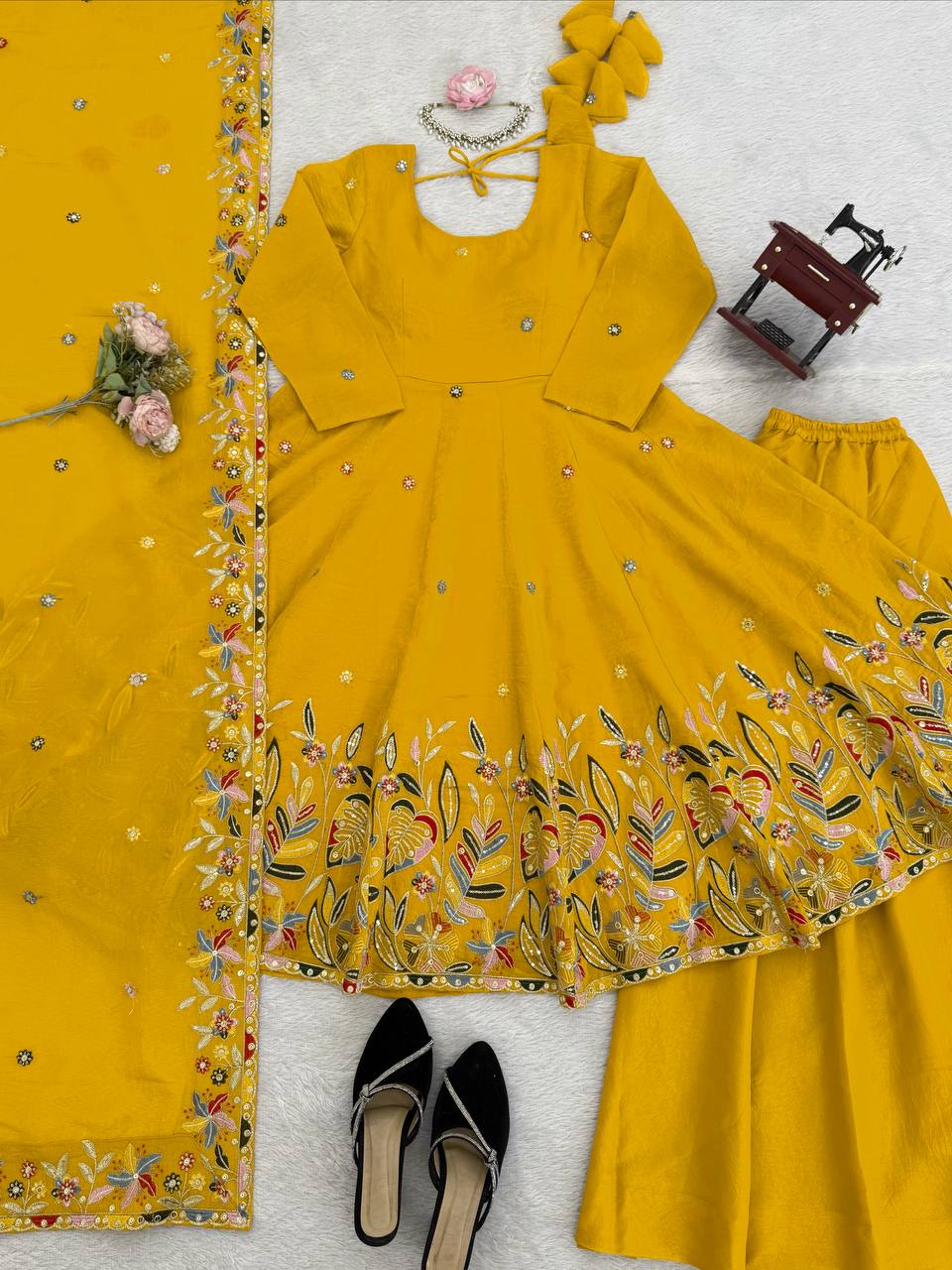 Yellow Color Crunchy Silk With Thread & Sequience Work Anarkali