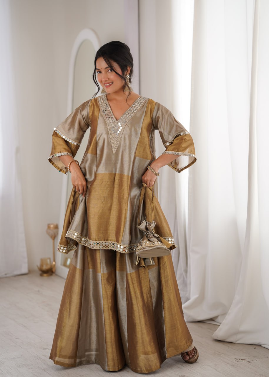 Beautiful Two-Tone Tissue Suit With Coding Embroidery & Mirror Lace Work