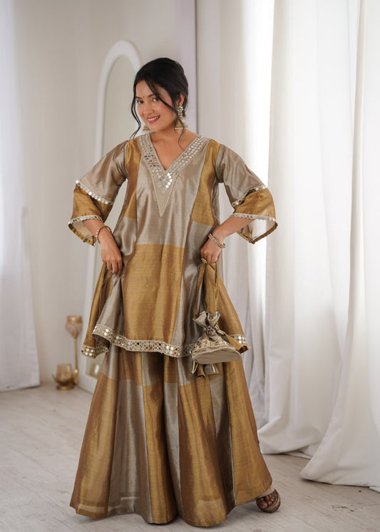 Beautiful Two-Tone Tissue Suit With Coding Embroidery & Mirror Lace Work