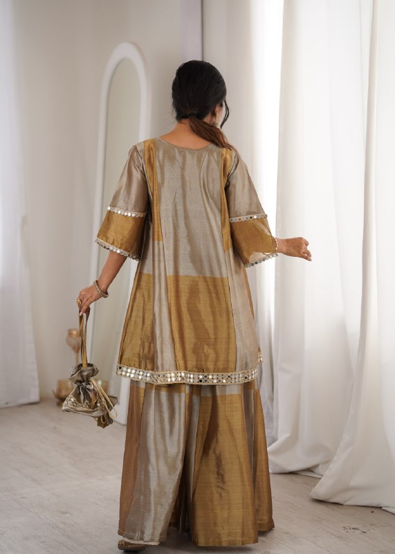 Beautiful Two-Tone Tissue Suit With Coding Embroidery & Mirror Lace Work