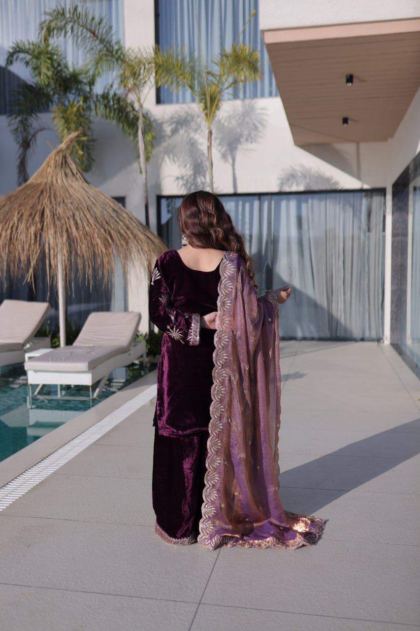 Beutifull Purple Color Ice Velvet With Zari Embroidery Work Top Plazzo