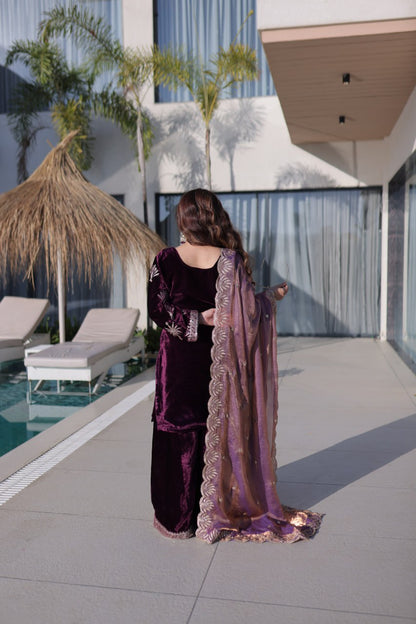 Beutifull Purple Color Ice Velvet With Zari Embroidery Work Top Plazzo