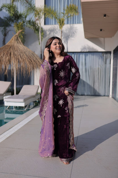Beutifull Purple Color Ice Velvet With Zari Embroidery Work Top Plazzo