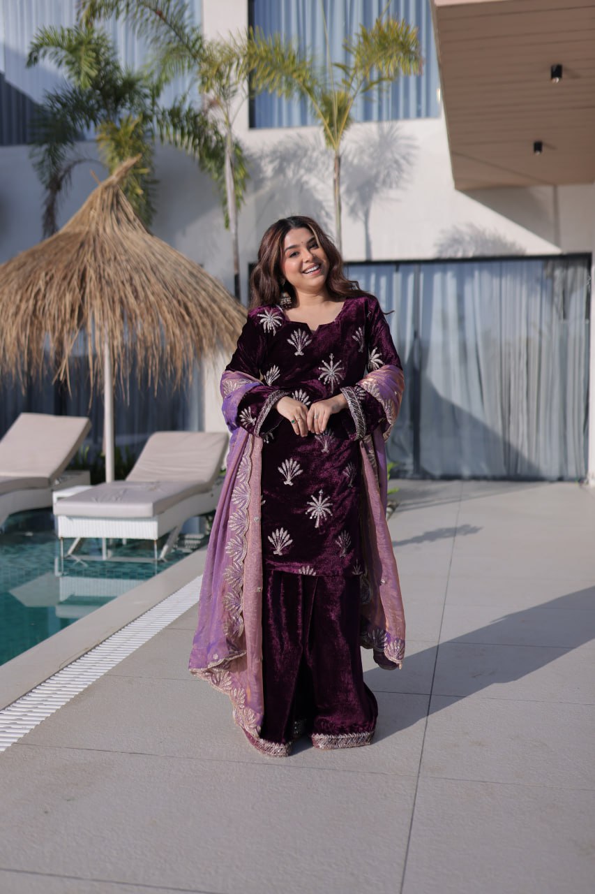 Beutifull Purple Color Ice Velvet With Zari Embroidery Work Top Plazzo