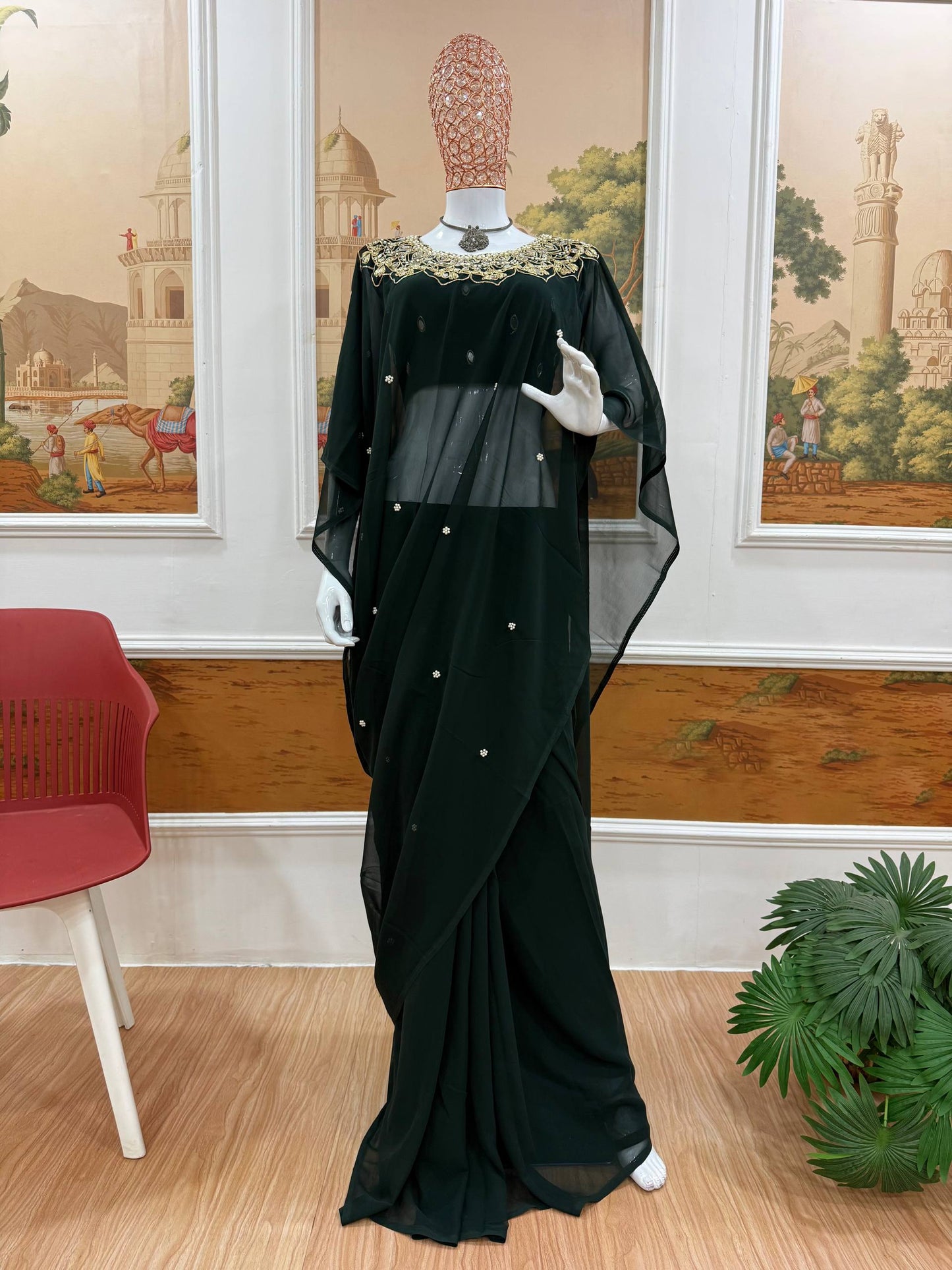 Beautifull Faux Georgette Embroidery With Real Mirror Work Saree
