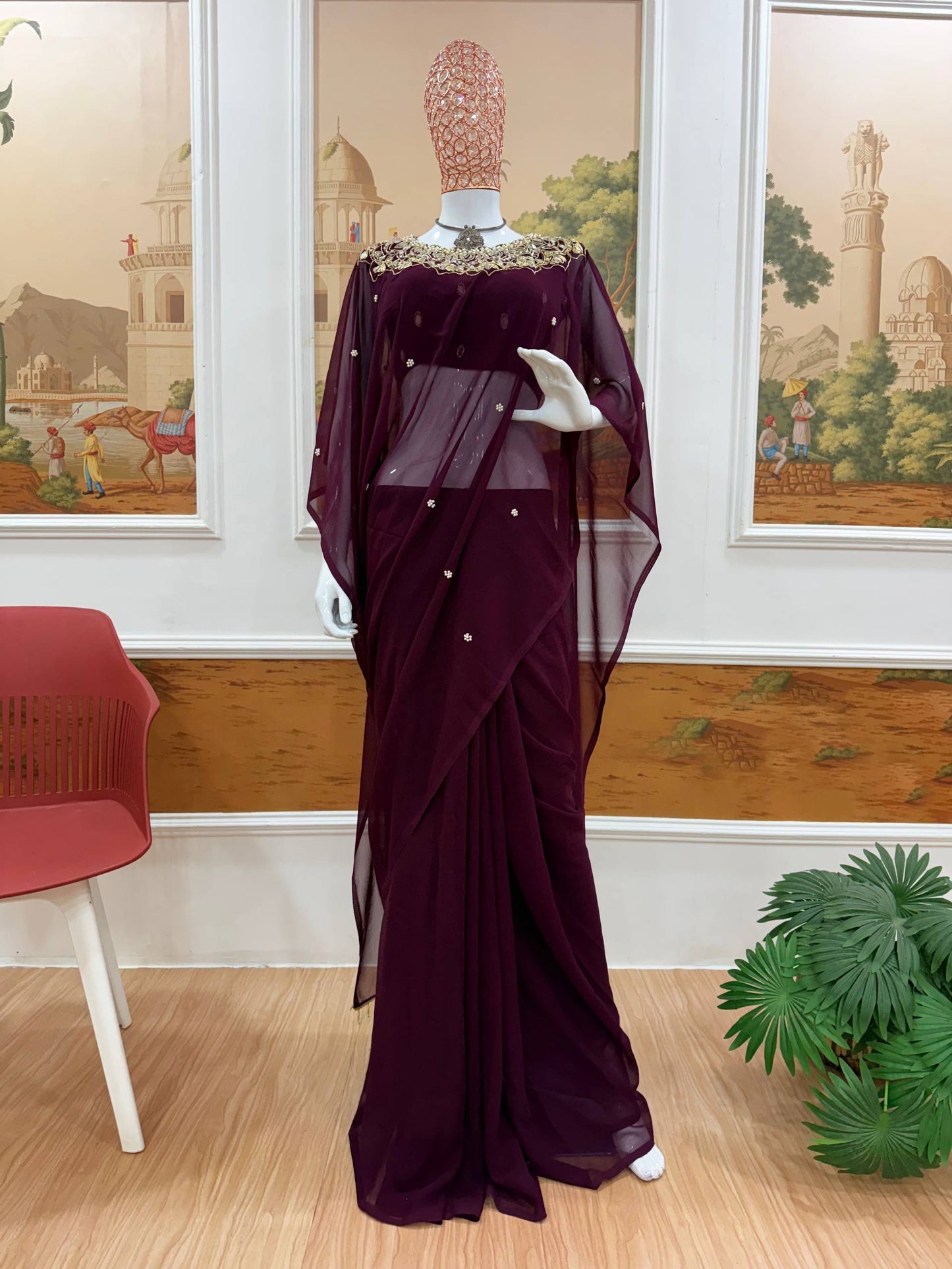 Beautifull Faux Georgette Embroidery With Real Mirror Work Saree