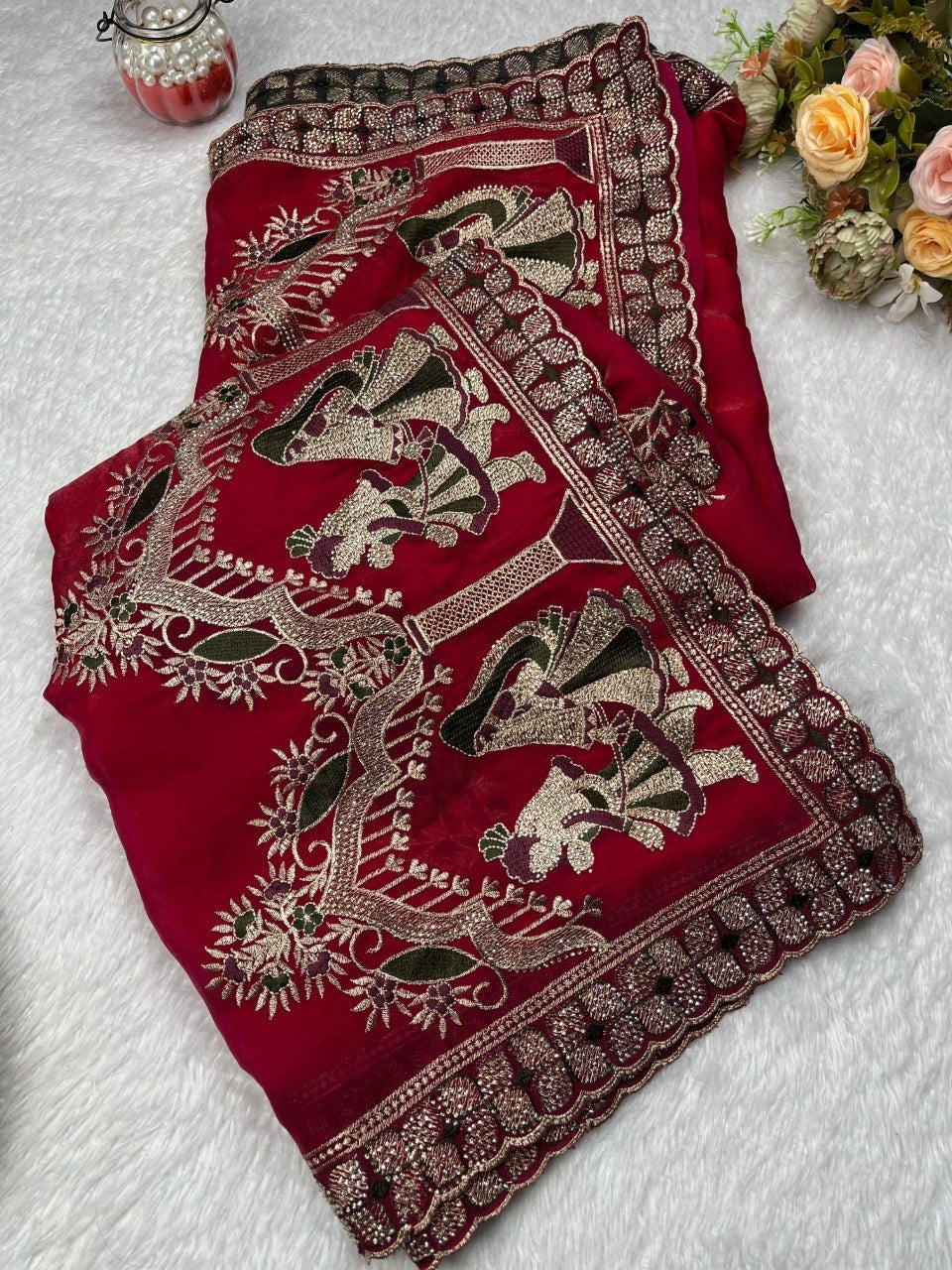 Beautiful Fendy Satin Saree With Elegant Multi Embroidery & Siroski Hand Work