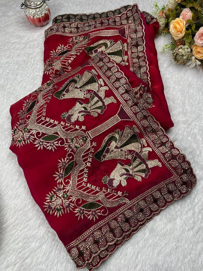 Beautiful Fendy Satin Saree With Elegant Multi Embroidery & Siroski Hand Work