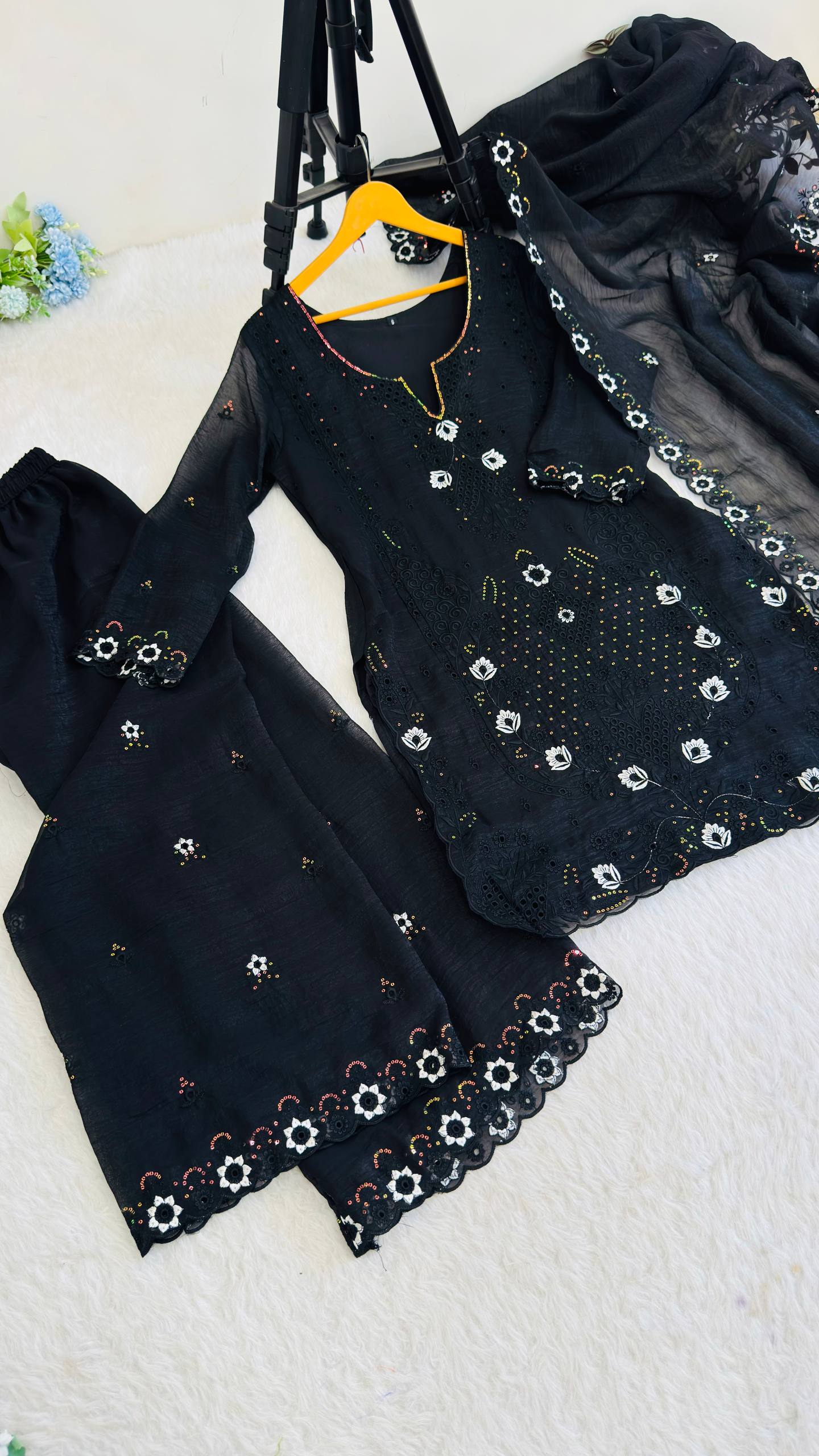 Beautifull Currency Silk With Thread And Sequience Work Top Plazzo