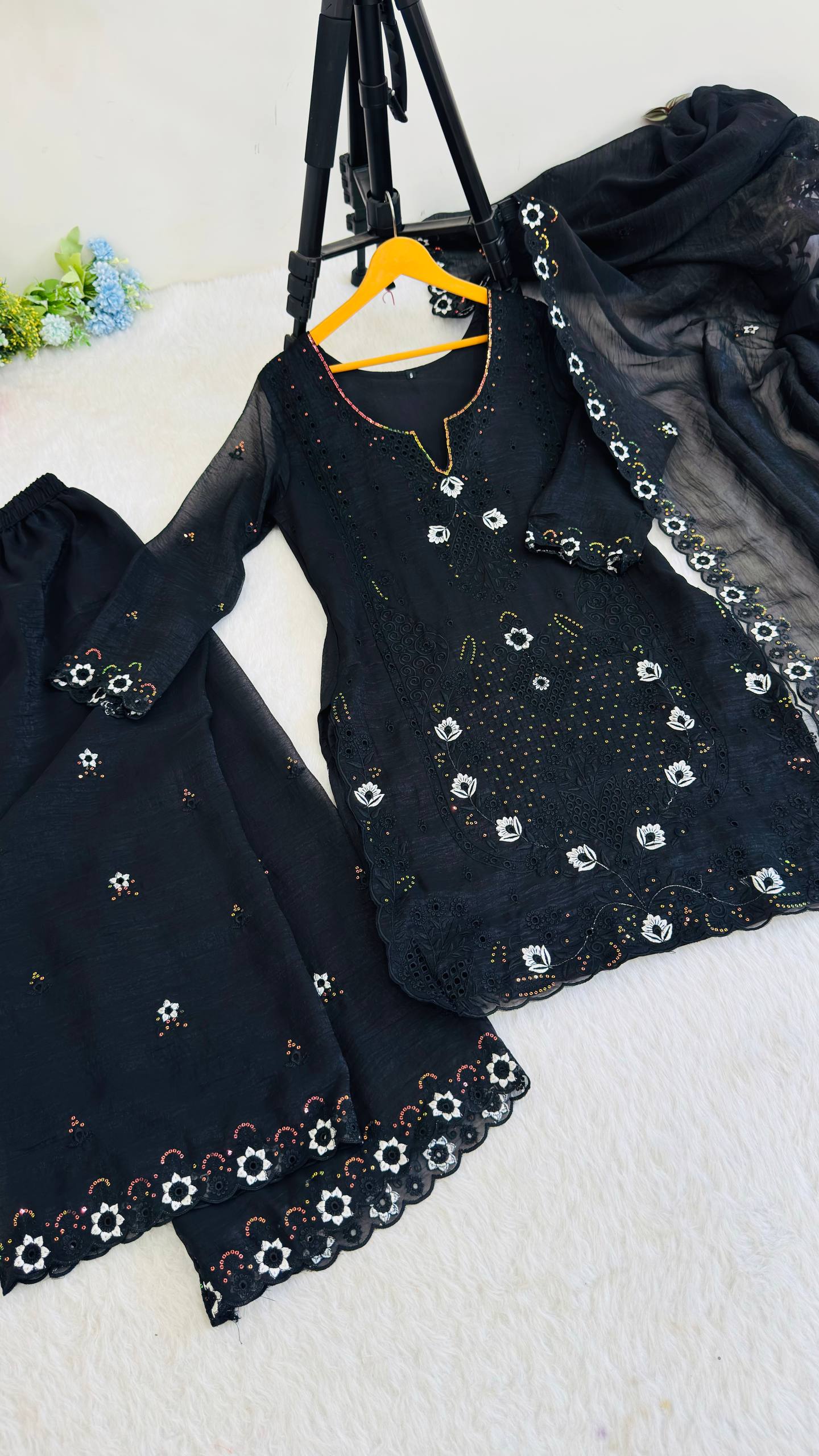 Beautifull Currency Silk With Thread And Sequience Work Top Plazzo