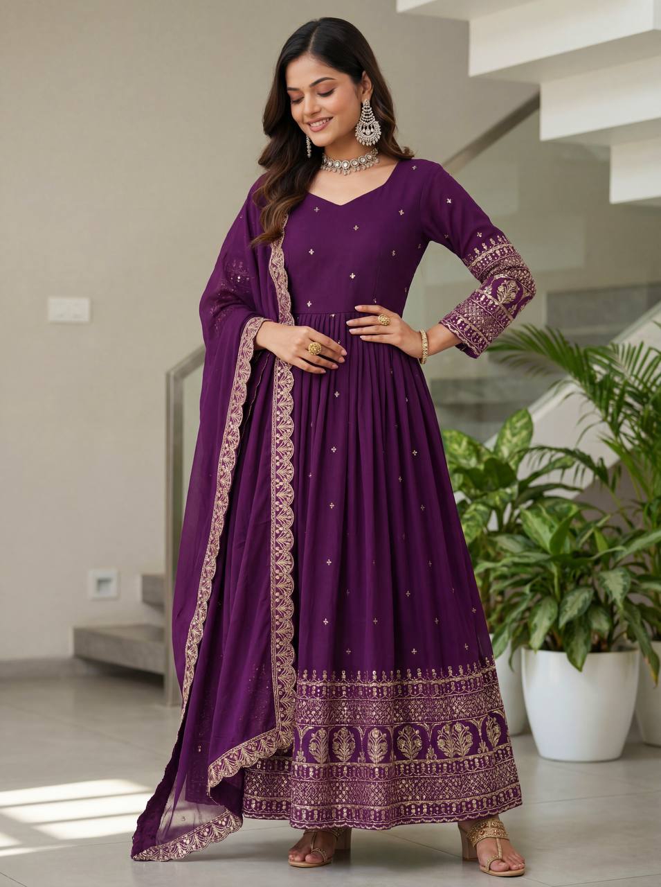 Blooming Vichitra Silk Emboidery Sequence Design Work Crap Silk Top Pent