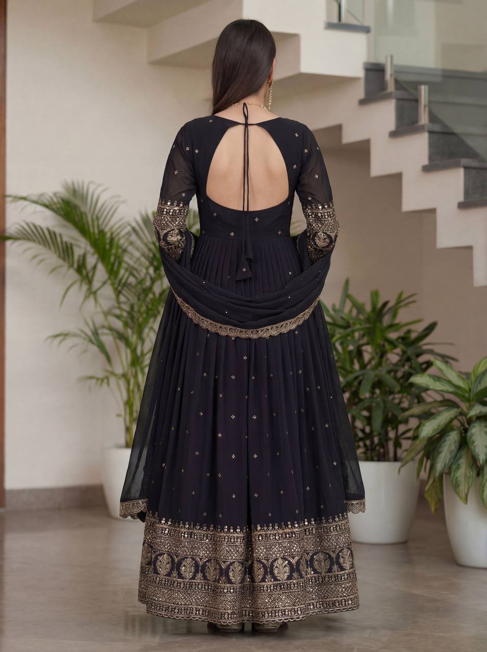 Blooming Vichitra Silk Emboidery Sequence Design Work Crap Silk Top Pent
