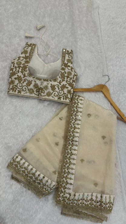 Beautiful White Color Glass Satin With Sequience Work Saree