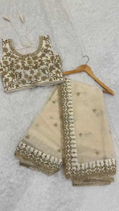 Beautiful White Color Glass Satin With Sequience Work Saree