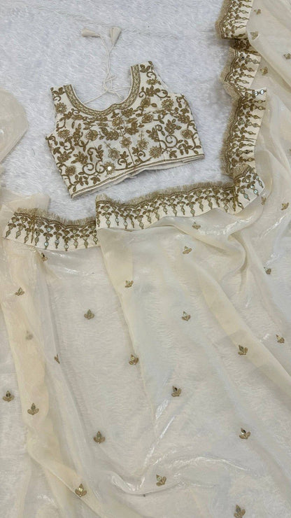 Beautiful White Color Glass Satin With Sequience Work Saree
