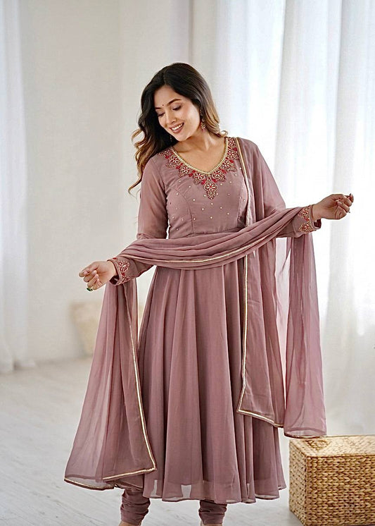Beautiful Elegant Heavy Fox Georgette With Handwork Neck Anarkali Gown Set