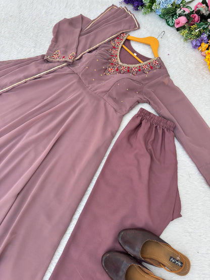 Beautiful Elegant Heavy Fox Georgette With Handwork Neck Anarkali Gown Set