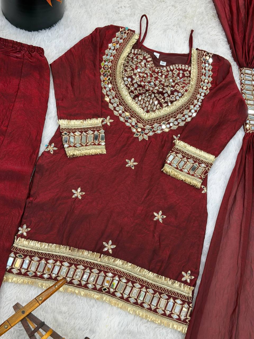 Beautifull Fendy Silk With Real Mirror Work Top Plazzo