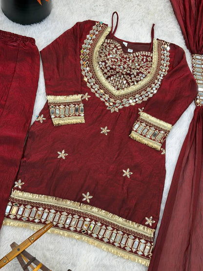 Beautifull Fendy Silk With Real Mirror Work Top Plazzo