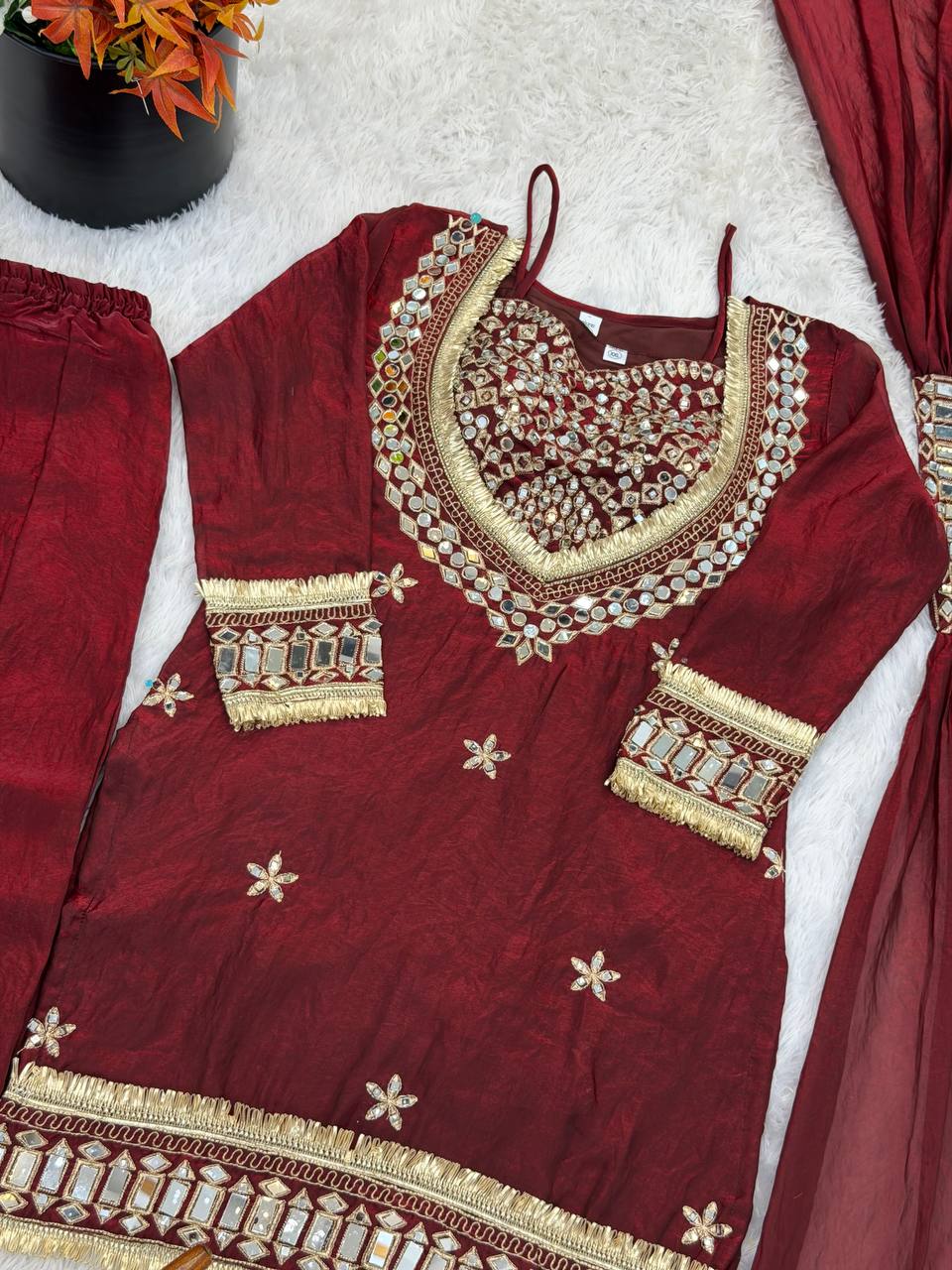 Beautifull Fendy Silk With Real Mirror Work Top Plazzo