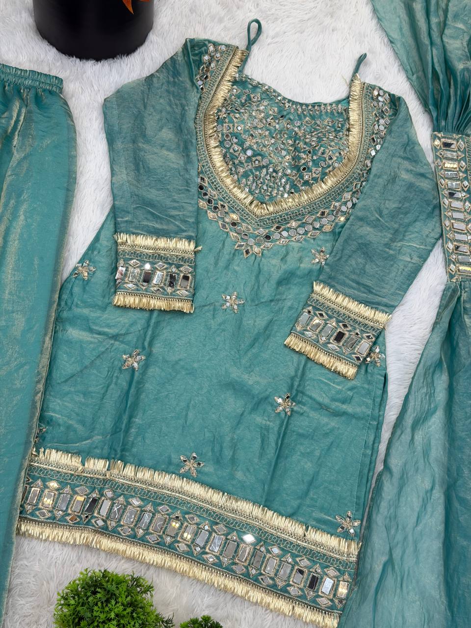 Beautifull Fendy Silk With Real Mirror Work Top Plazzo